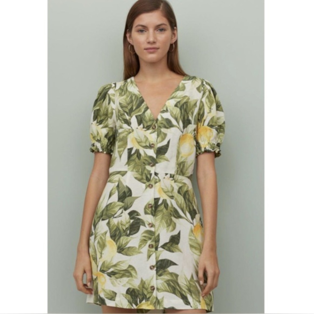 H&M linen blend lemon print mini dress